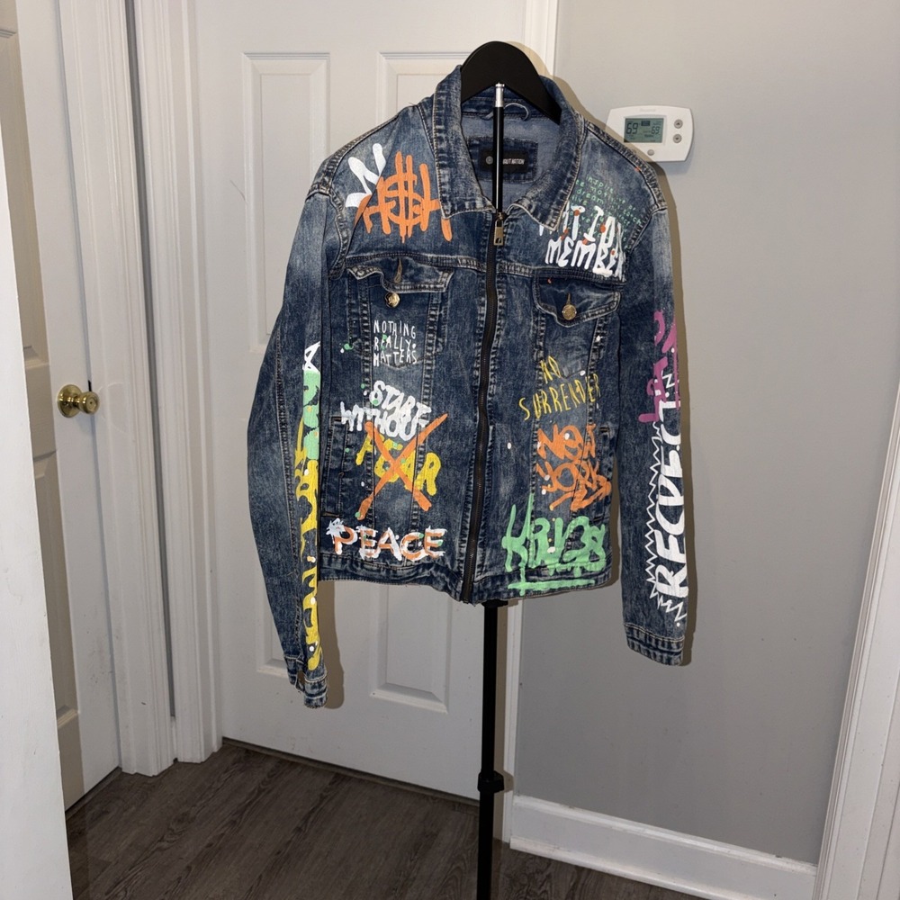 Argonaut Nations Vintage Printed Jean Jacket Small Graffiti Urban Streetwear EUC